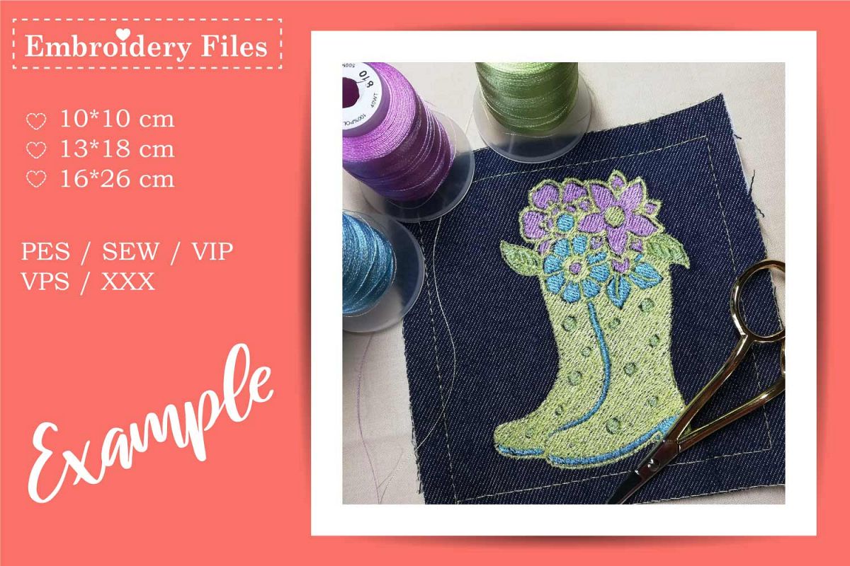 Rubber Boots with Flowers - Embroidery File example image 1