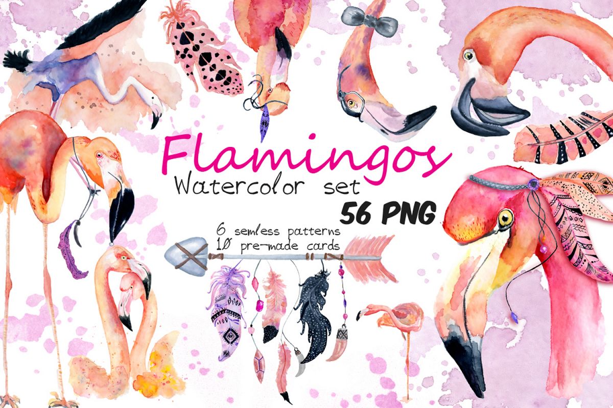 Boho flamingo Watercolor set example image 1