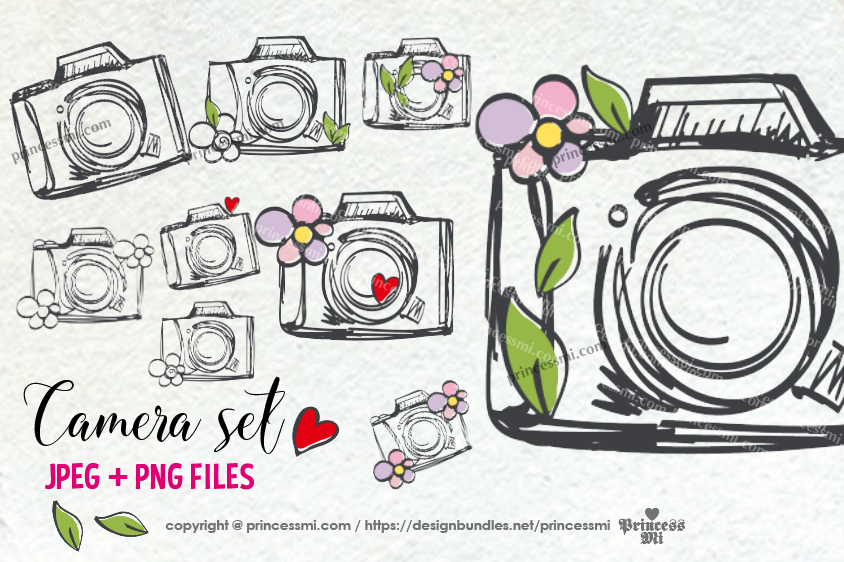 cute and fun camera clipart set, with flowers, love hearts example image 1