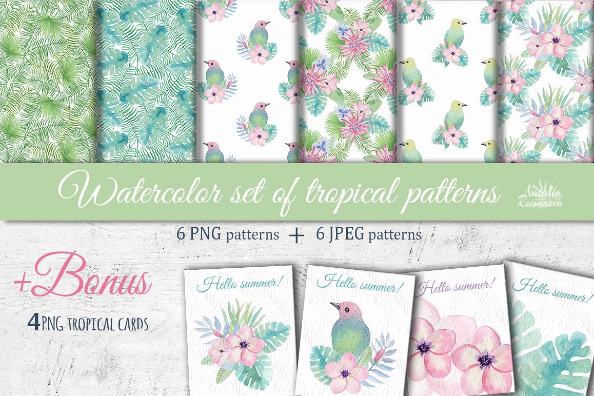 Tropical watercolor patterns + BONUS example image 1
