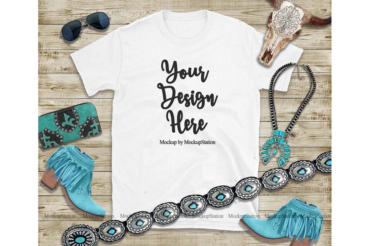 White T-Shirt Mock Up, Southern Western Gildan Shirt Mockup example image 1