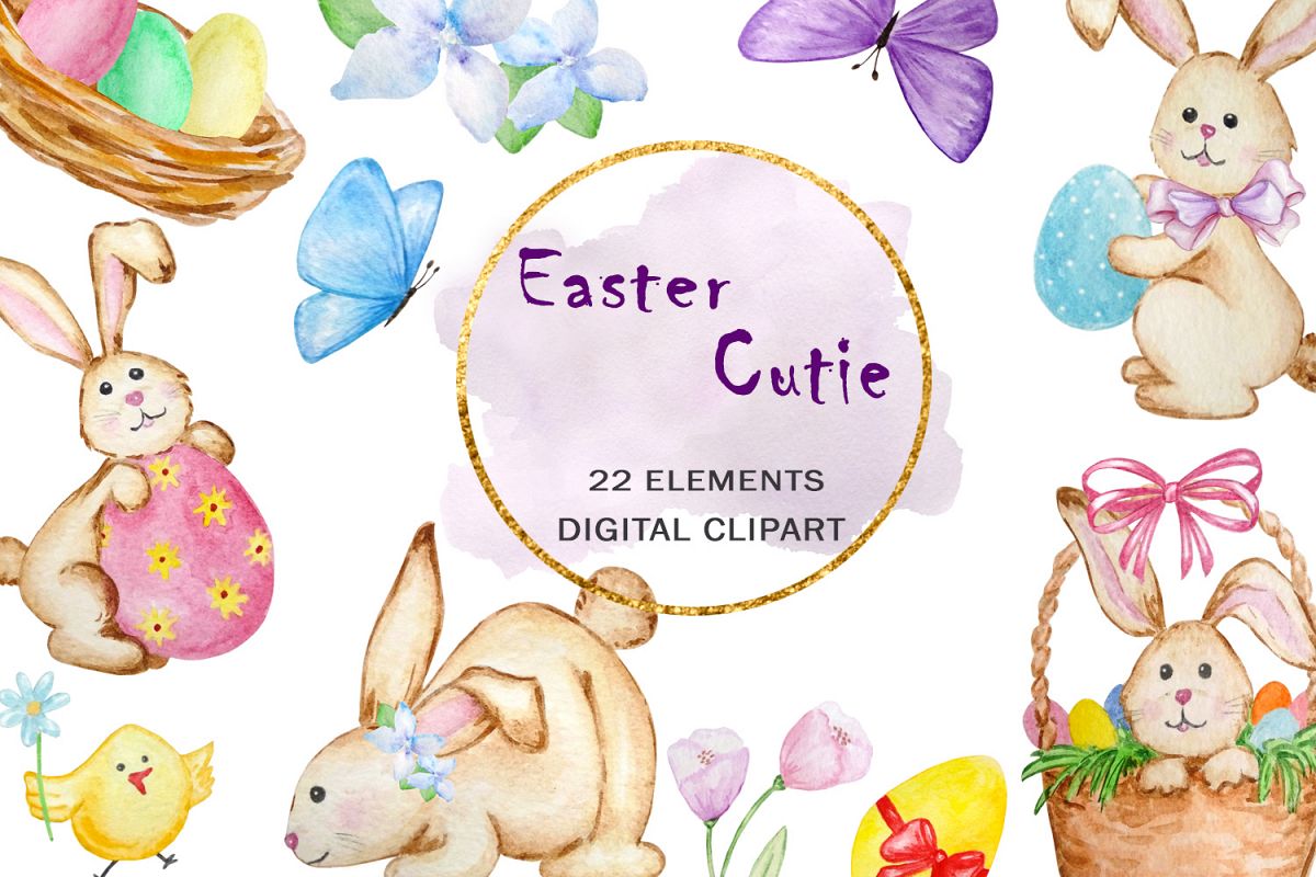 Watercolor Easter Cute Bunny Clipart Set example image 1