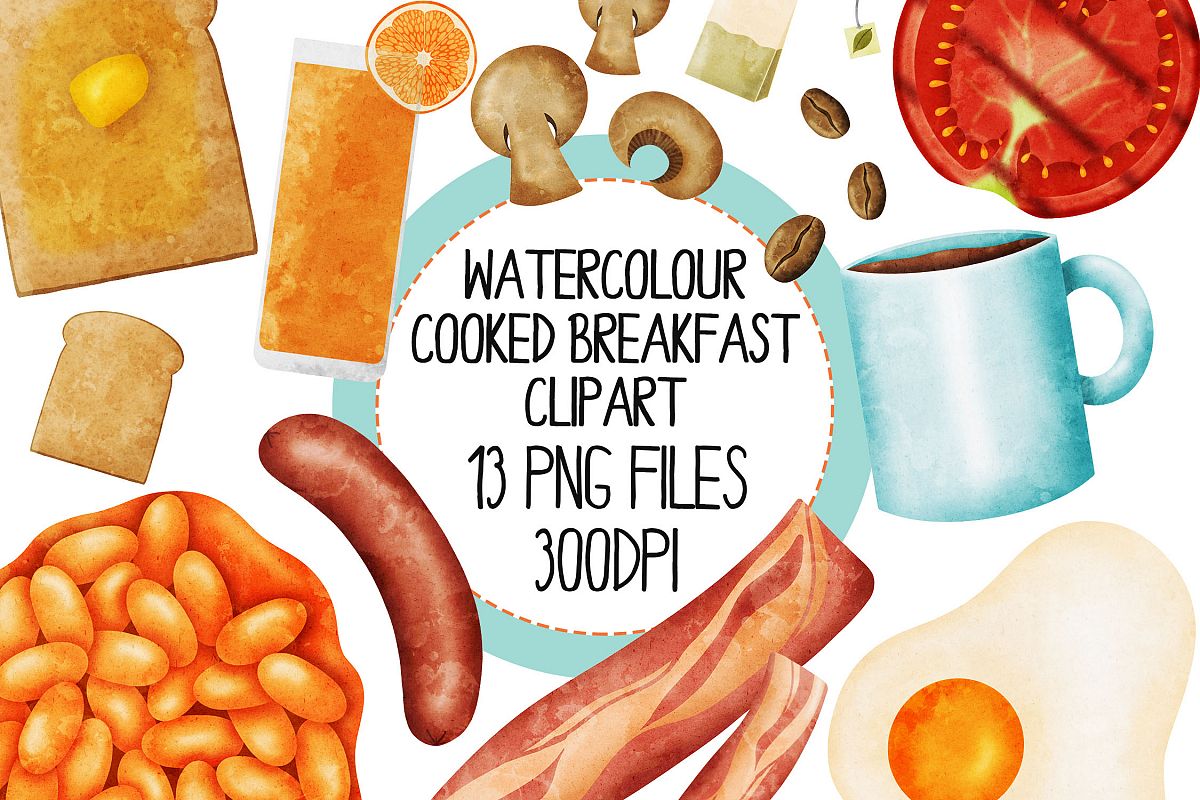 Watercolor Cooked Breakfast Clip Art Set example image 1