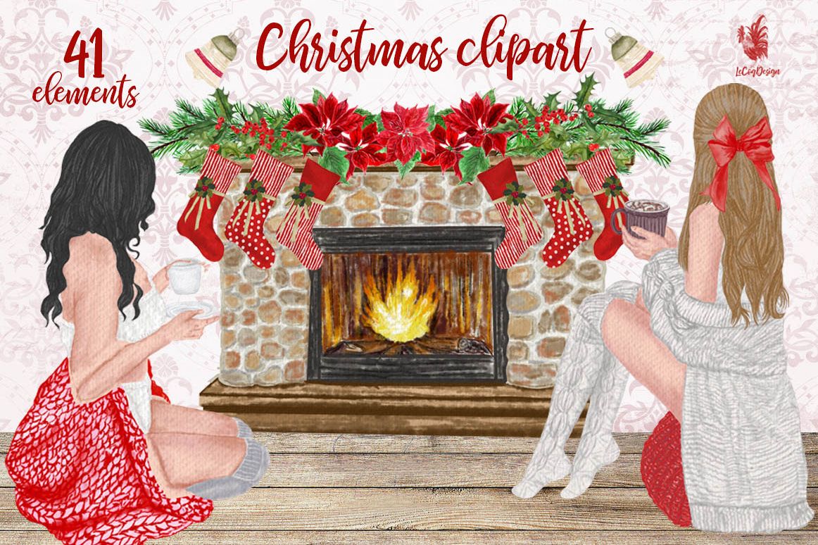 Christmas Girls Clipart, Fireplace and Stockings, Ornaments example image 1