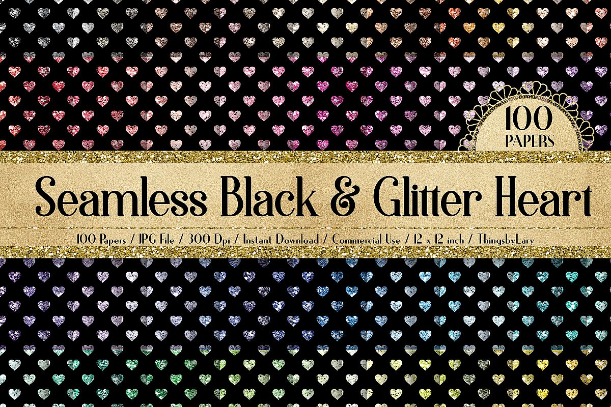 100 Seamless Black and Glitter Heart Valentine Digital Paper example image 1