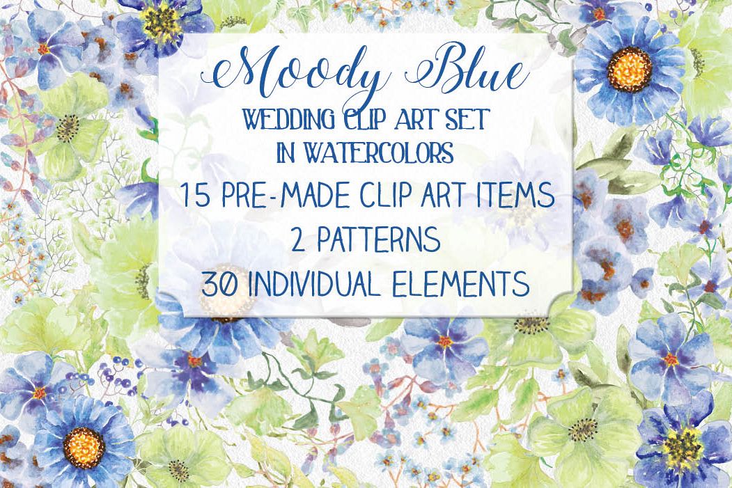 'Moody Blue' watercolor clip art bundle example image 1