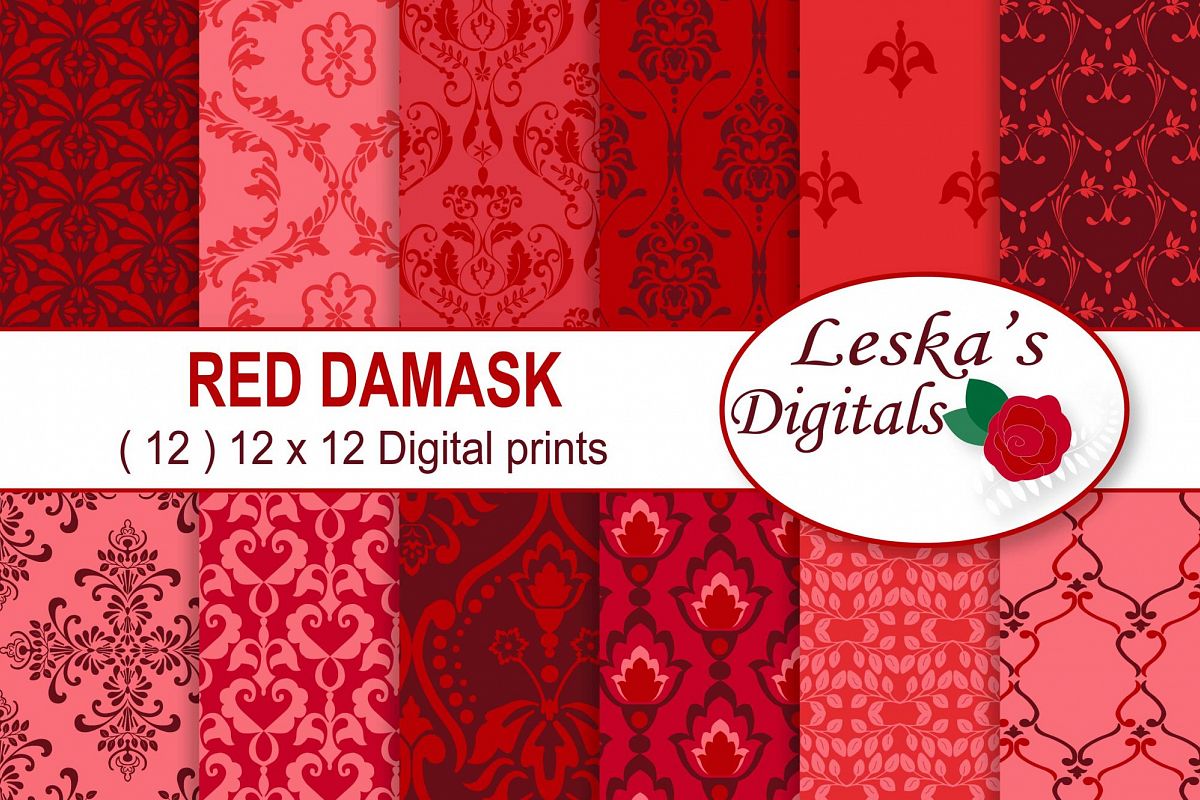 Red Damask Digital Paper example image 1
