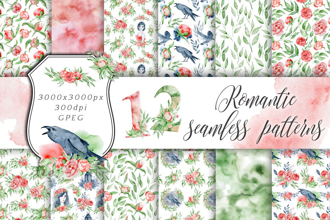 Romantic digital paper Seamless patterns clipart example image 1