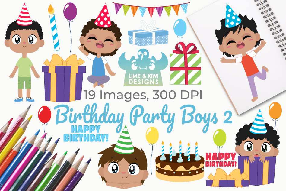 Birthday Party Boys 2 Clipart, Instant Download Vector Art example image 1