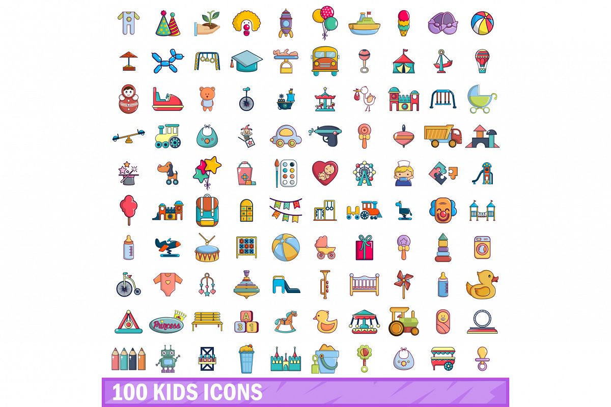 100 kids icons set, cartoon style example image 1