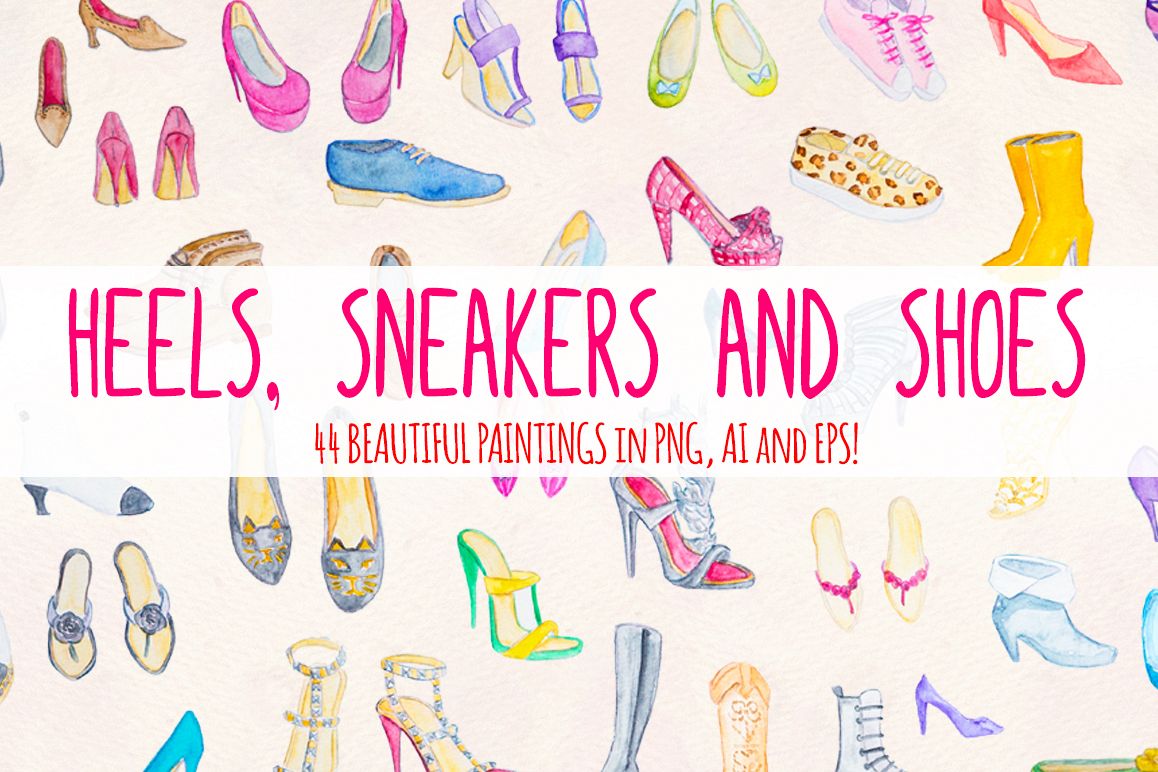 44 Heels, Sneakers and Ladies Shoes Watercolour Paintings example image 1