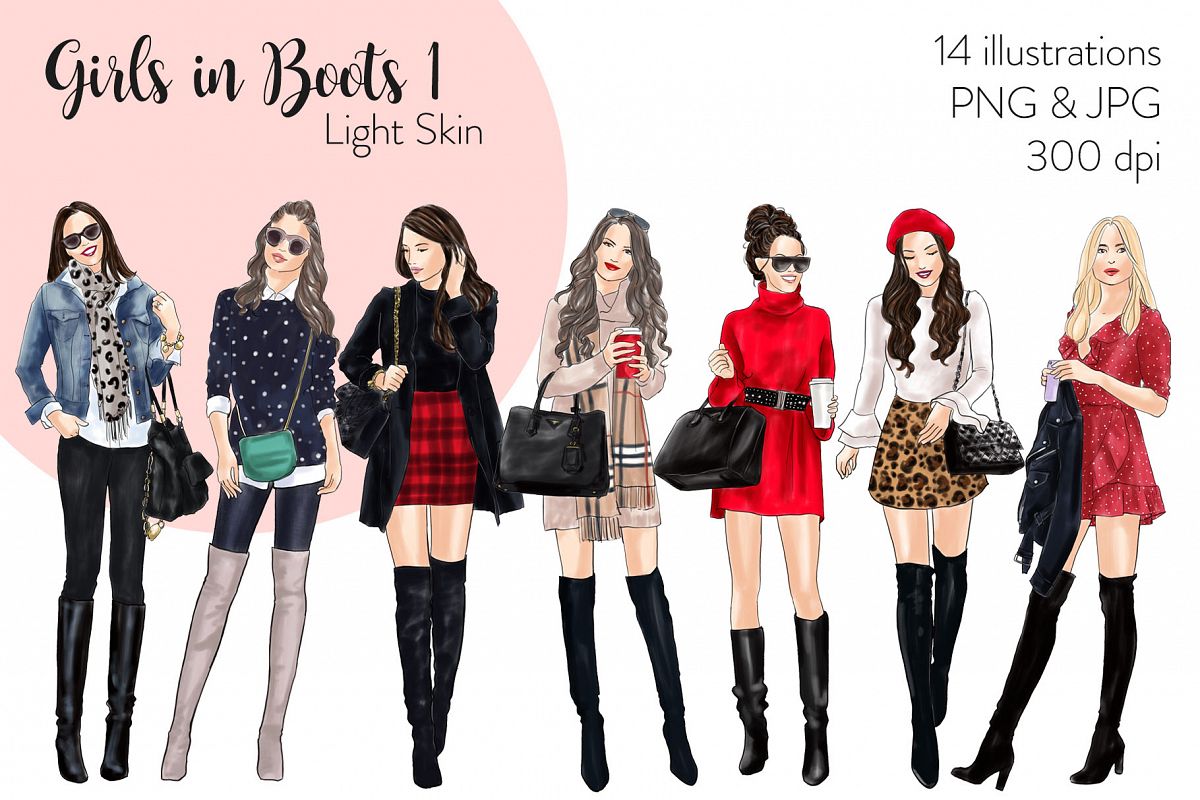 Fashion illustration clipart - Girls in Boots 1 - Light Skin example image 1