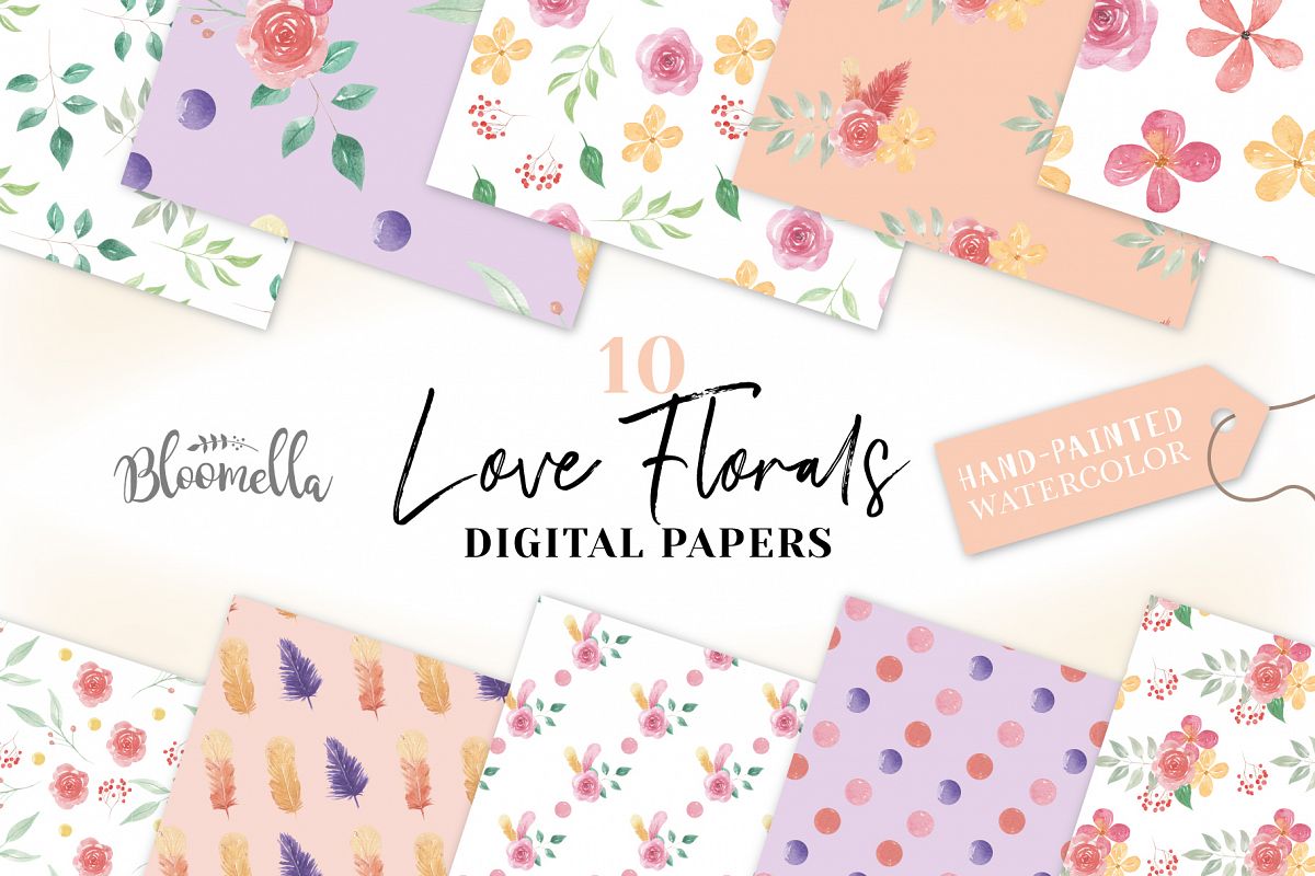 Feathers Seamless Patterns Digital Papers Flowers Pretty example image 1