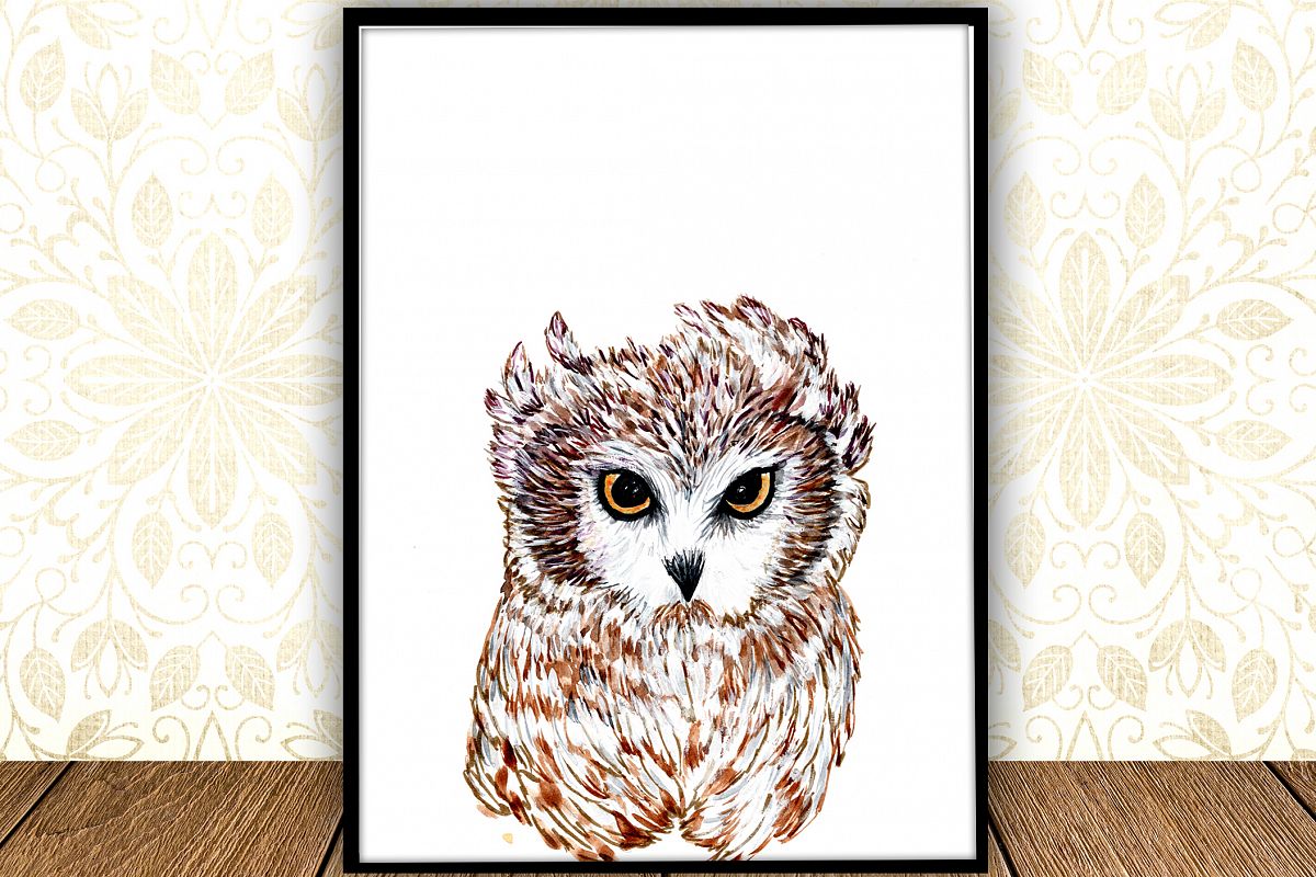Baby Owl Watercolor digital Print Forest Nursery Art Poster example image 1