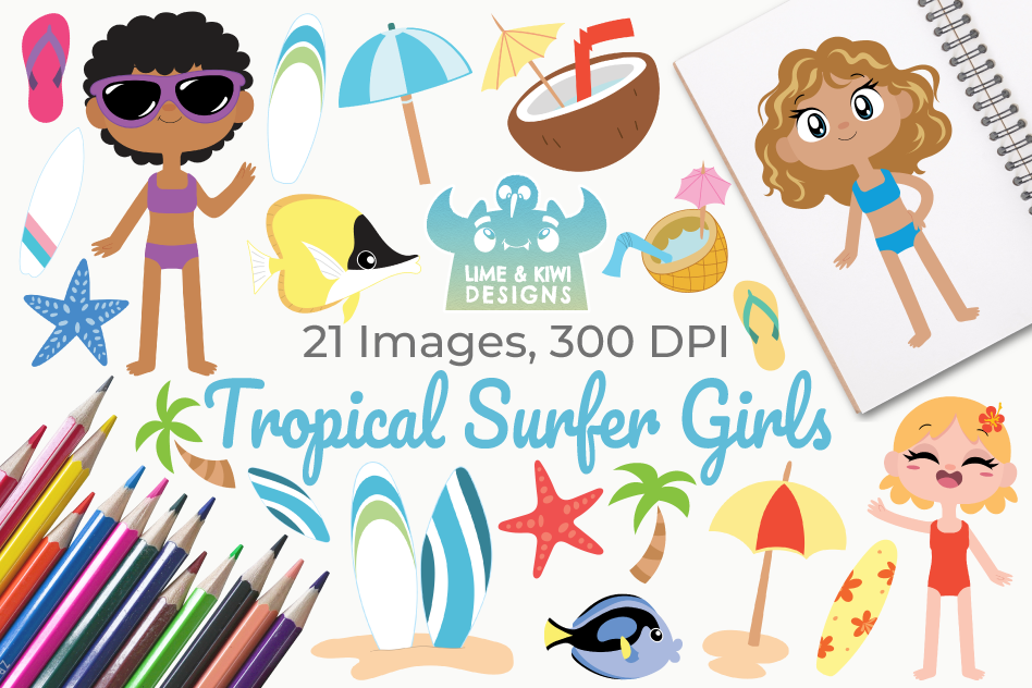 Tropical Surfer Girls Clipart, Instant Download Vector Art example image 1