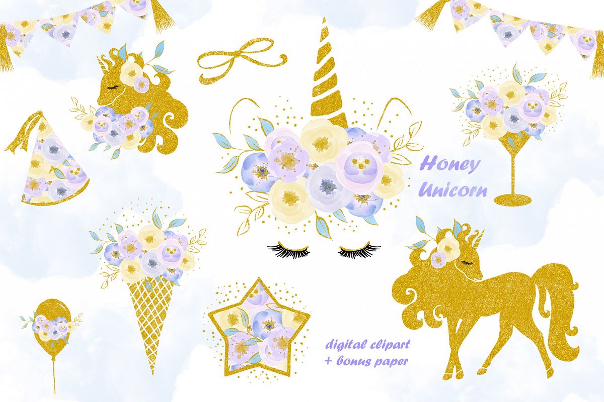 Unicorn clip art, flowers with gold example image 1