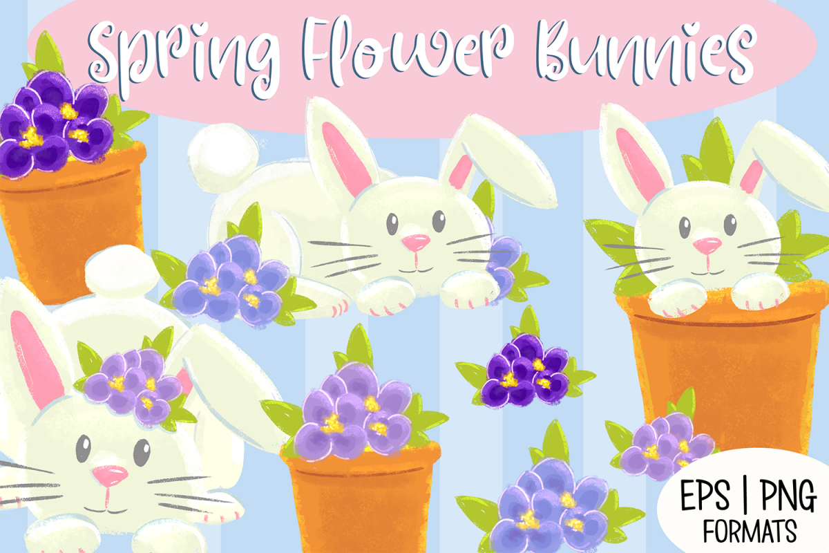 Spring Flower Bunnies Illustration Collection example image 1