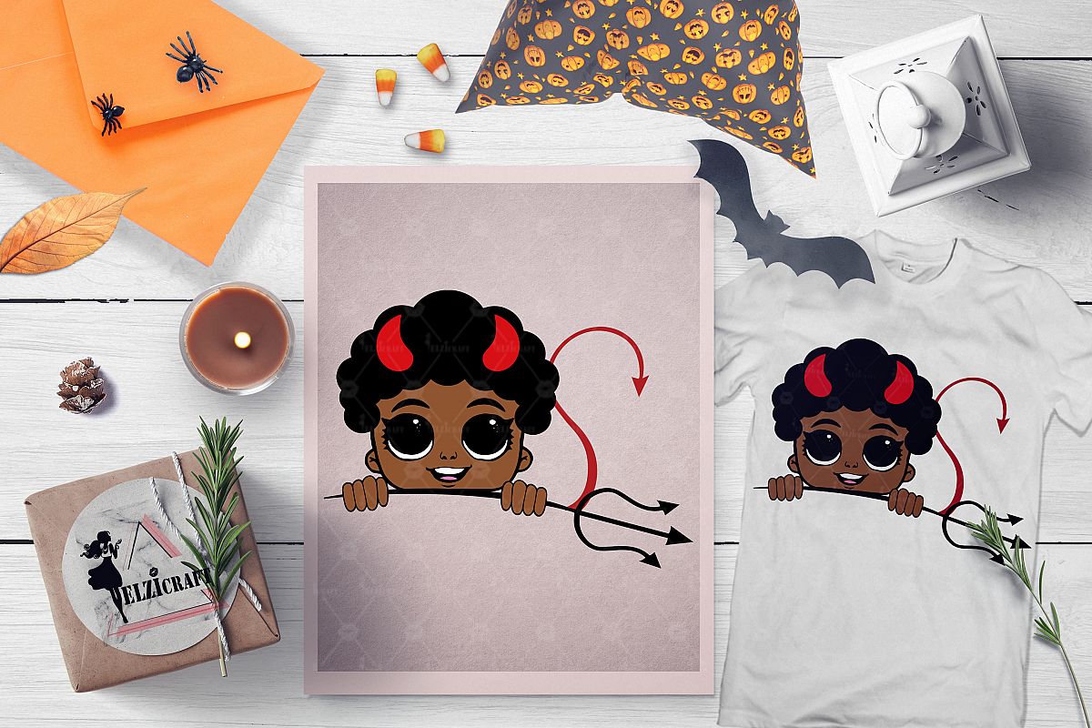 Halloween Afro Peeking Little Devil Boy Trident SVG Cut File example image 1