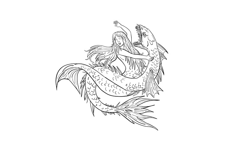 Mermaid Fighting a Sea Serpent Drawing Black and White example image 1