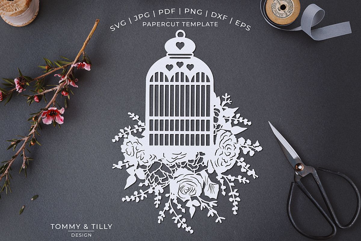 Romantic Floral Birdcage - Papercut Template SVG JPG PNG example image 1