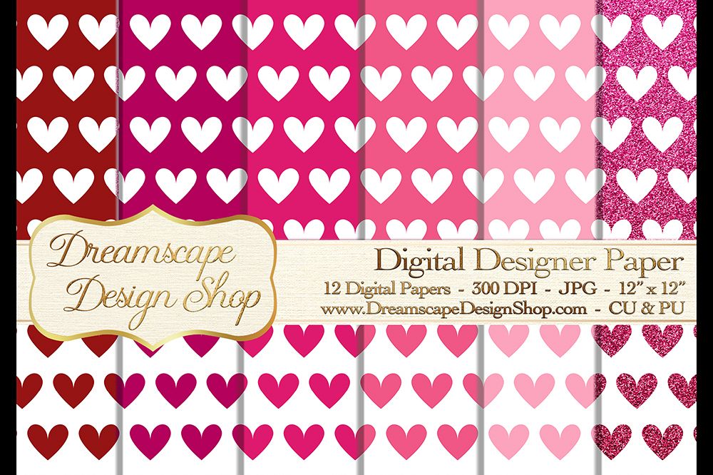 Pink and Red Hearts (Set 3) - Valentine's Day - Digital Paper - 12 JPG Images at 300 DPI - Digital Product Instant Download example image 1
