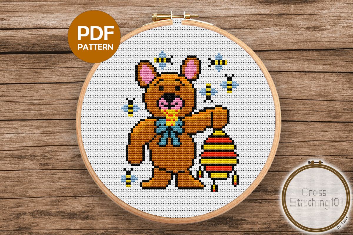 Bear Eating Honey Cross Stitch Pattern -Instant Download PDF example image 1