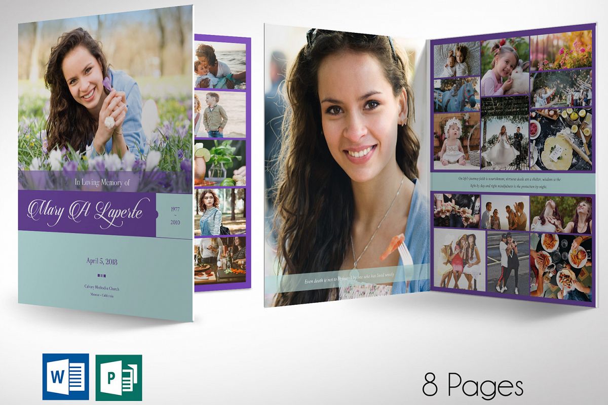Remember Purple Teal Funeral Program Word Publisher Large example image 1