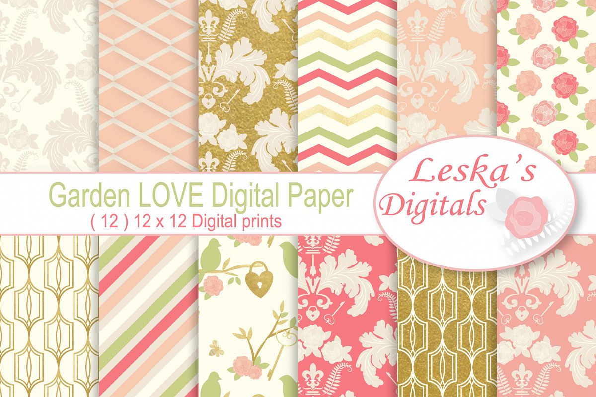 Gold Floral Digital Patterns - Digital Scrapbook Paper example image 1