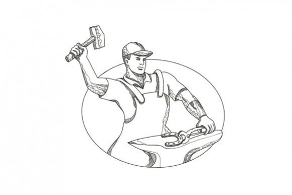 Farrier Wielding Hammer Oval Doodle Art example image 1