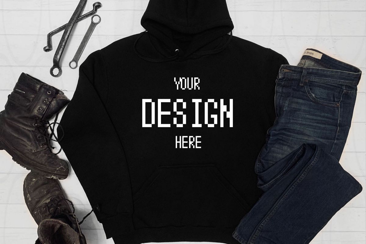 Black Hoodie Shirt Apparel Mockup Hooded Sweatshirt mock-up example image 1
