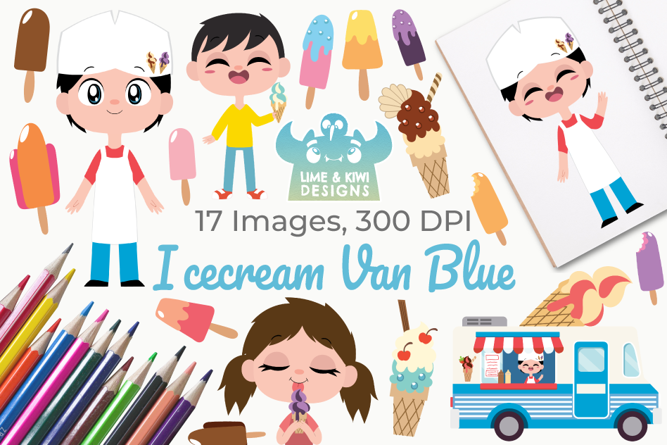 Icecream Van Blue Clipart, Instant Download Vector Art example image 1