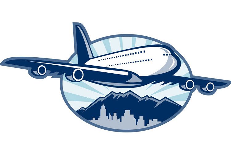 Jumbo jet plane airliner taking off with city skyline example image 1