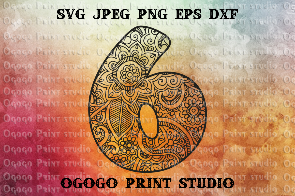 Number six Svg, Zentangle svg, Mandala svg, Floral font example image 1