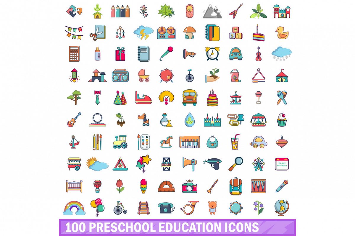 100 preschool education icons set, cartoon style example image 1