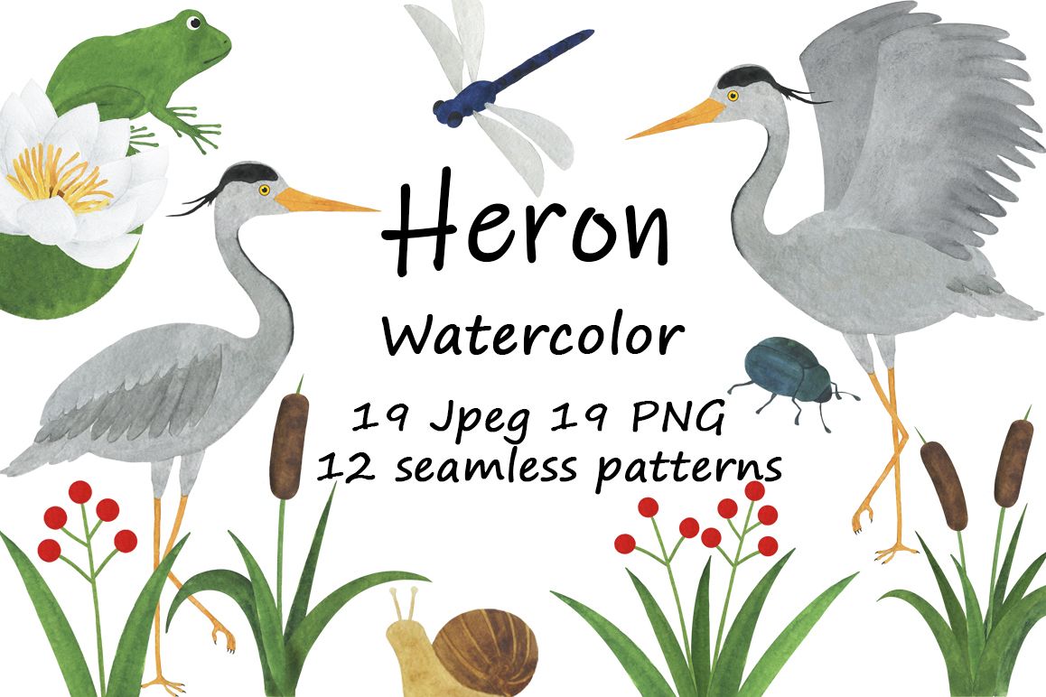Set of heron watercolor illustrations example image 1