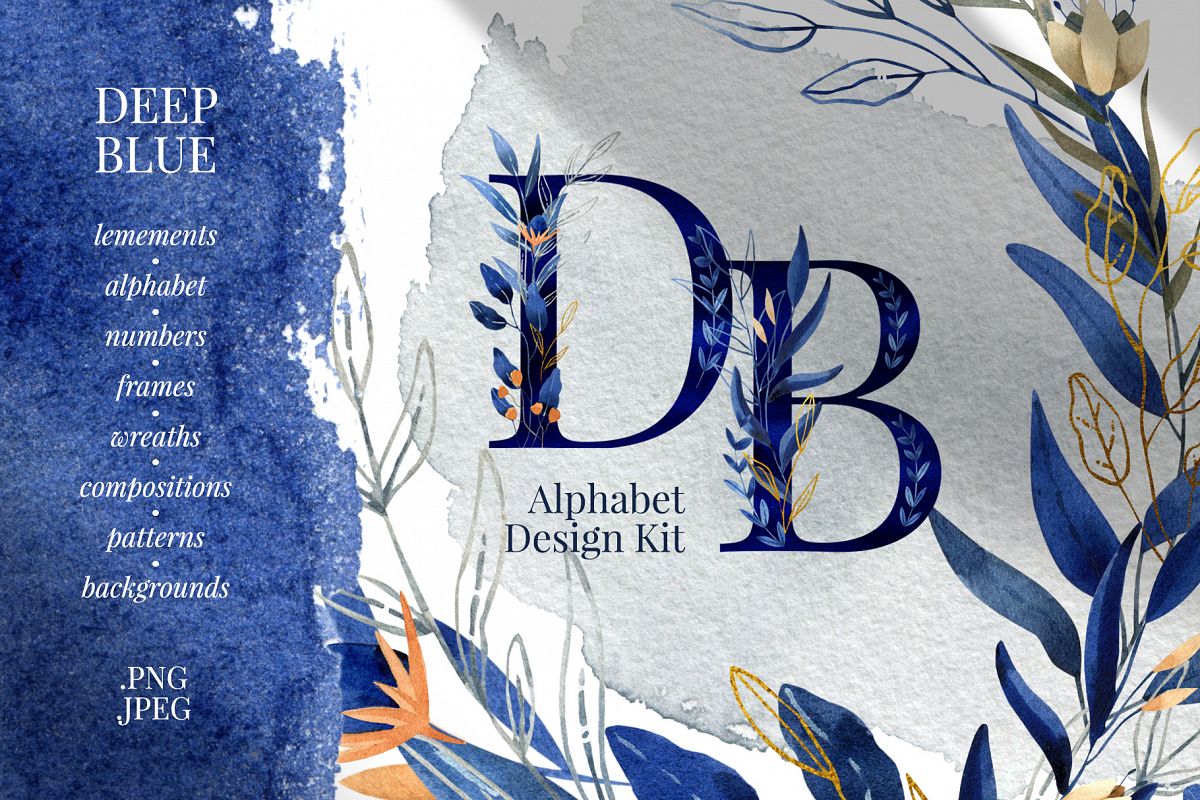 Deep Blue Alphabet Watercolor Design Kit example image 1