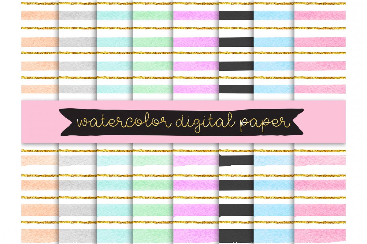 watercolor digital paper, Gold Glitter Confetti Papers, strips Digital Paper, Pastel Color digital paper, hand painted background, Scrapbook example image 1