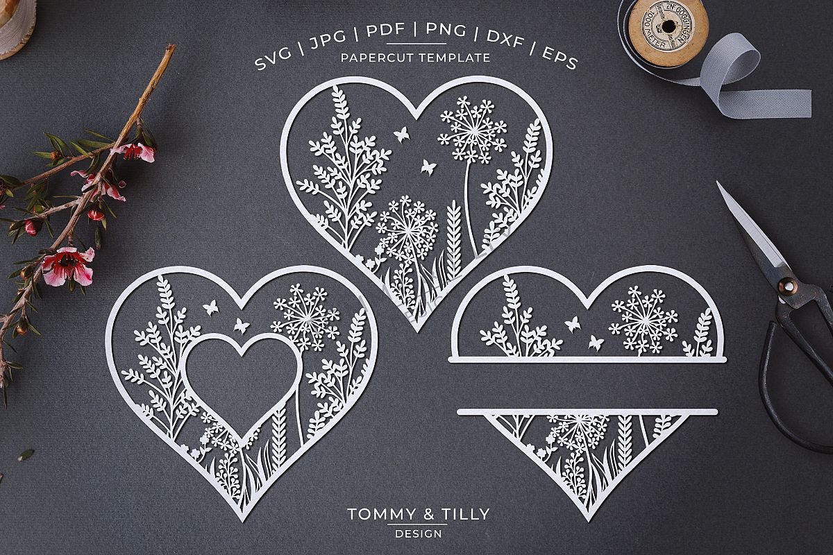 Meadow Heart x 3 - Papercut Template SVG EPS DXF PNG PDF JPG example image 1