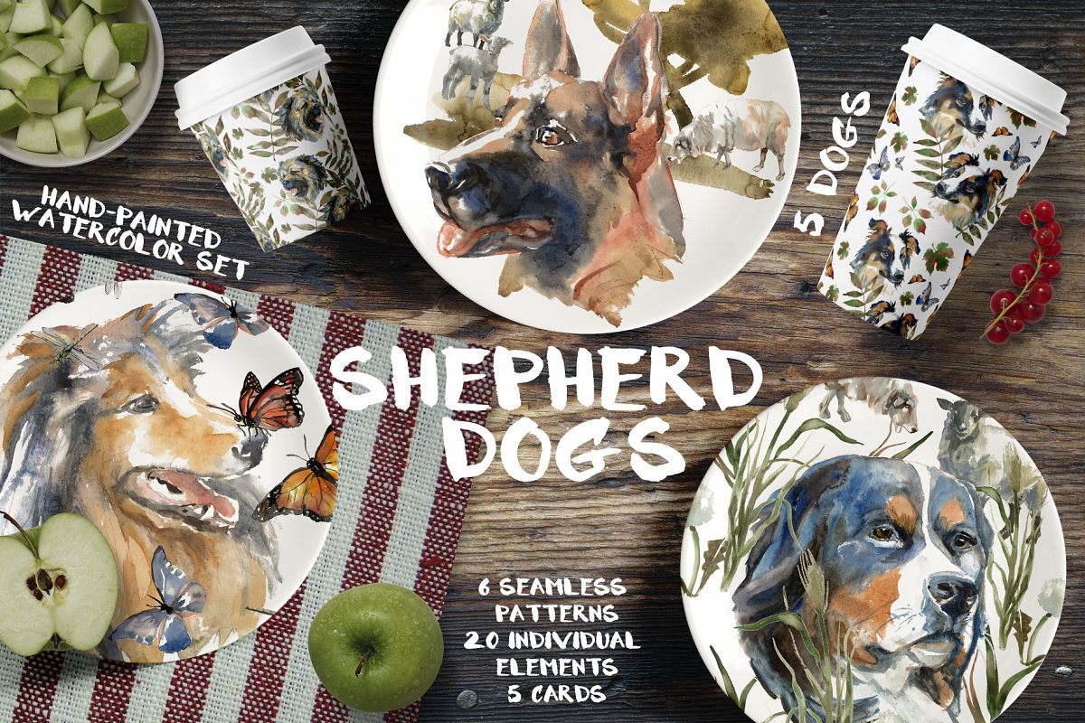 Shepherd dogs watercolor set example image 1