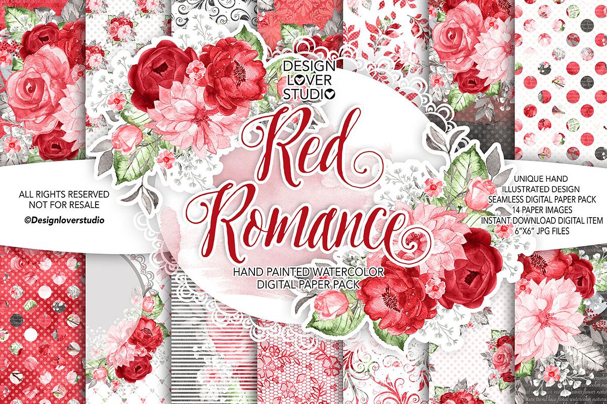 Watercolor RED ROMANCE digital paper pack example image 1