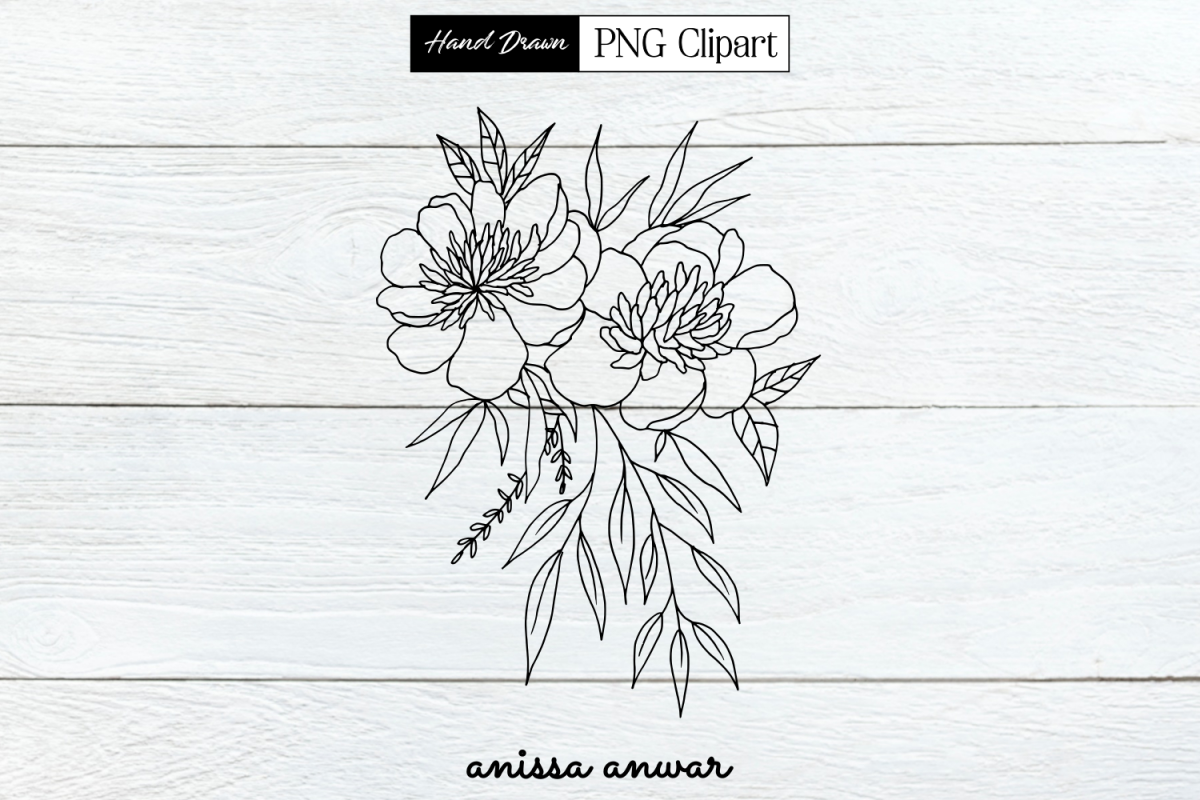 Flowers Bouquet Line Art, Png Clipart, Sublimation Printable example image 1