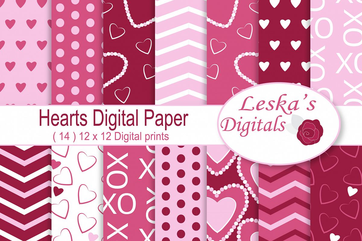 Hearts Digital Paper - Pink and Red Valentine Background Patterns example image 1