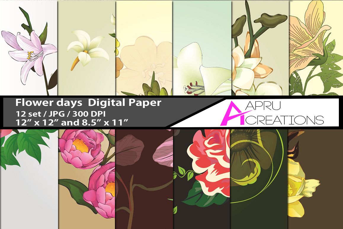 flower days pattern digital papers, embellishment flower pattern, digital papers, high quality 300 dpi, 12 x 12 inch , and 8.5 x 11 inch example image 1