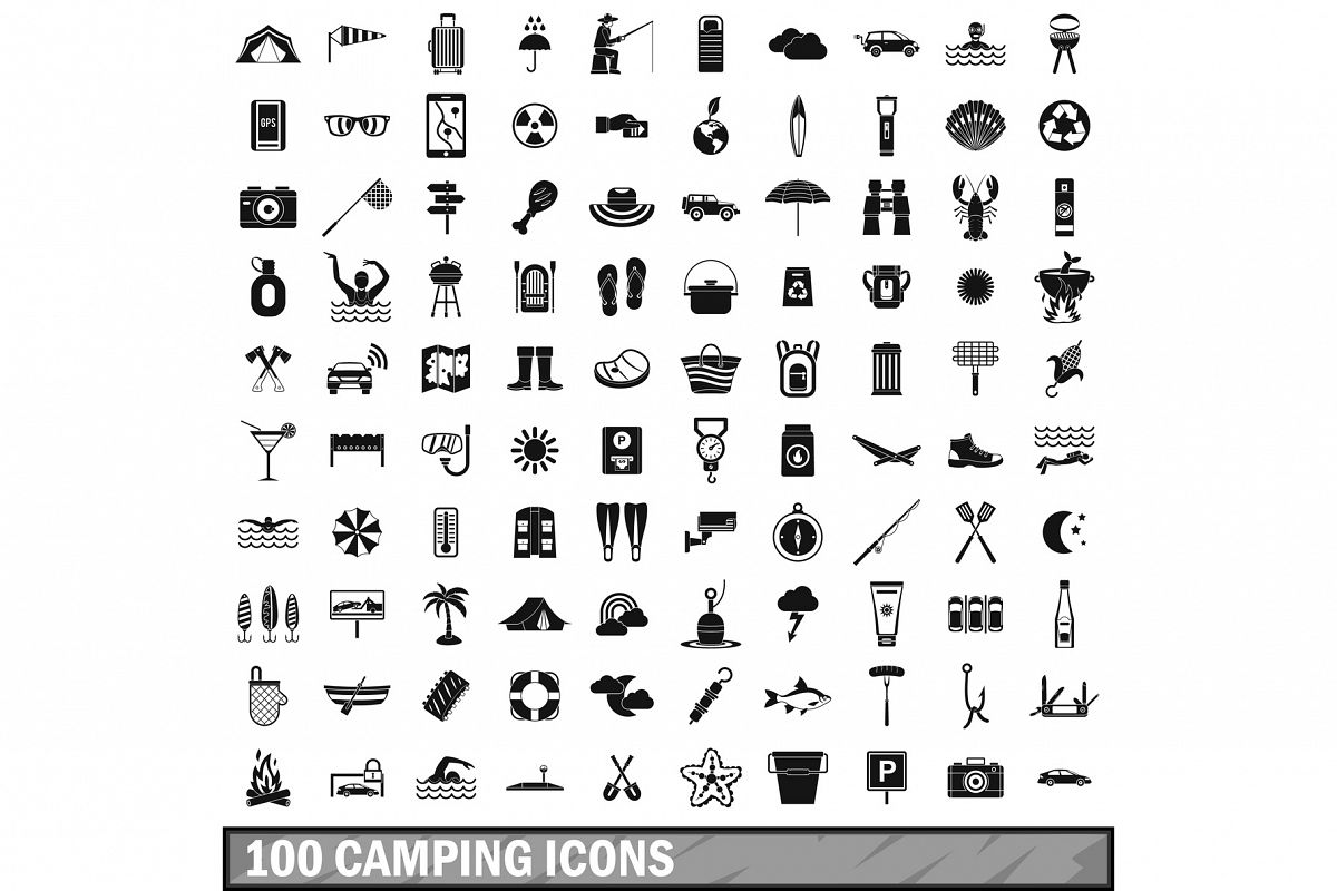 100 camping icons set, simple style example image 1