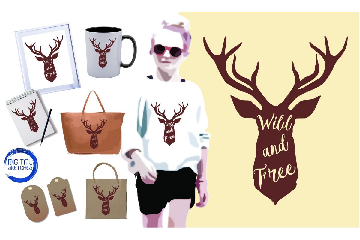 Saying Deer Wild And Free Cut File Vector Graphics Illustrat example image 1