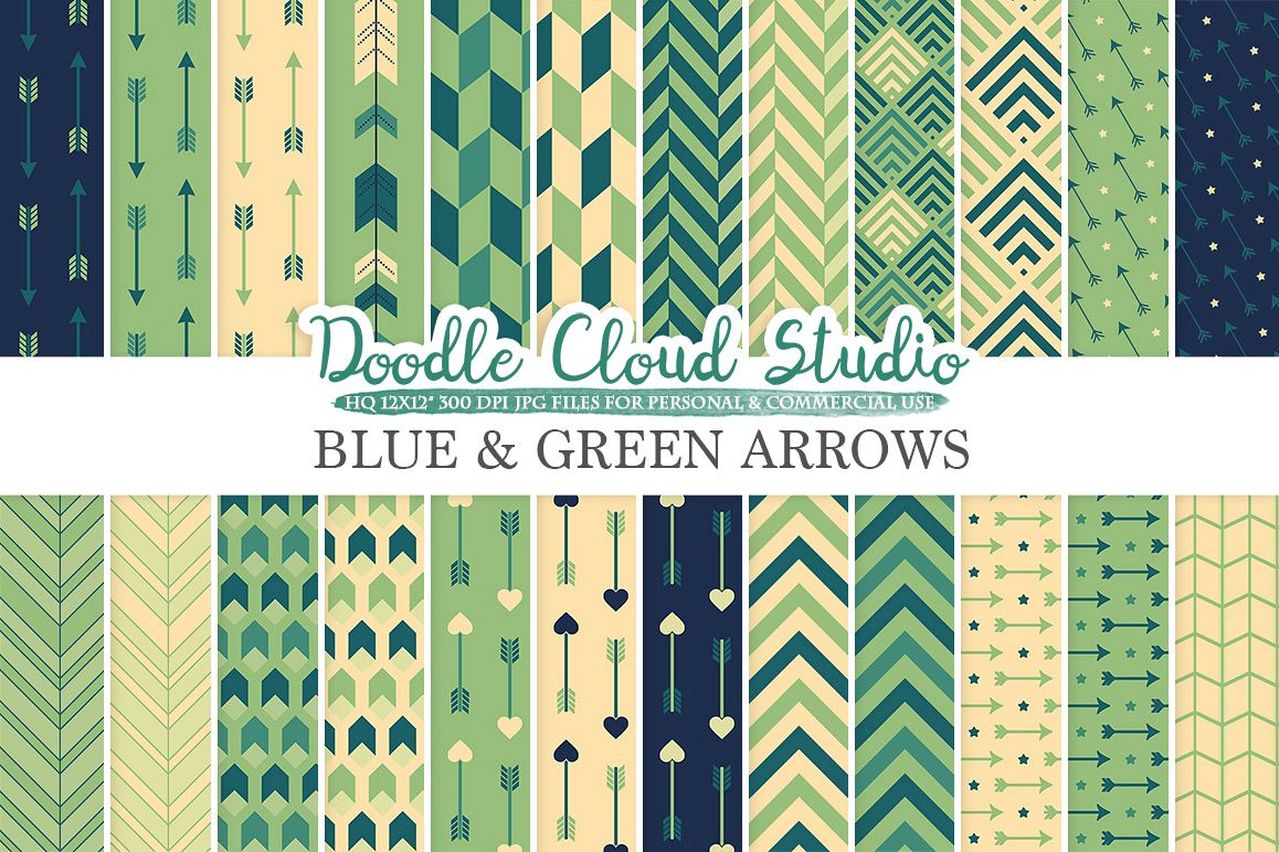 Blue and Green Arrows digital paper, Arrow patterns, tribal, archery, chevron triangles Cream backgrounds for Personal & Commercial Use example image 1