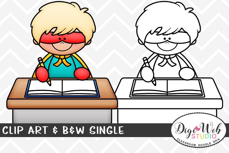 Clip Art & B&W Single - Superhero Boy Writing At His Desk example image 1