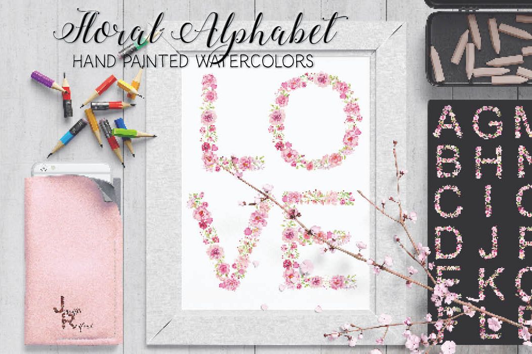 Pink floral alphabet in watercolors plus FREEBIE example image 1