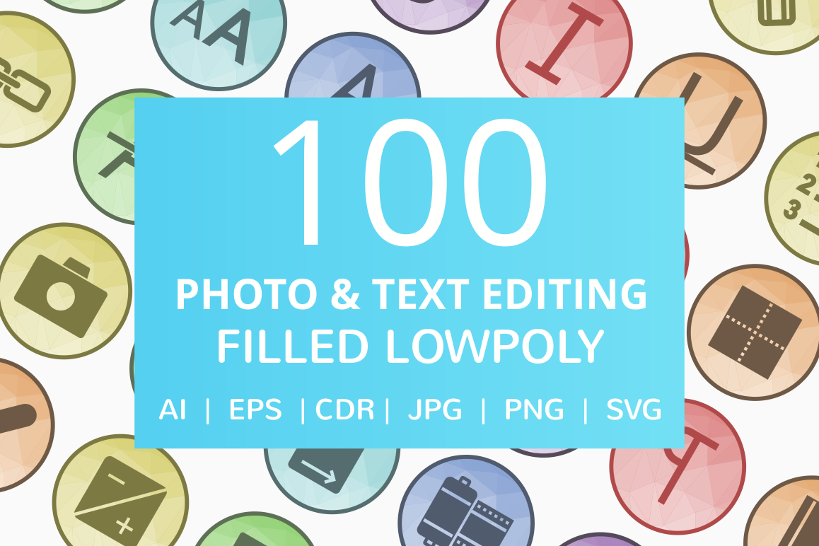 100 Photo & Text Editing Filled Low Poly Icons example image 1
