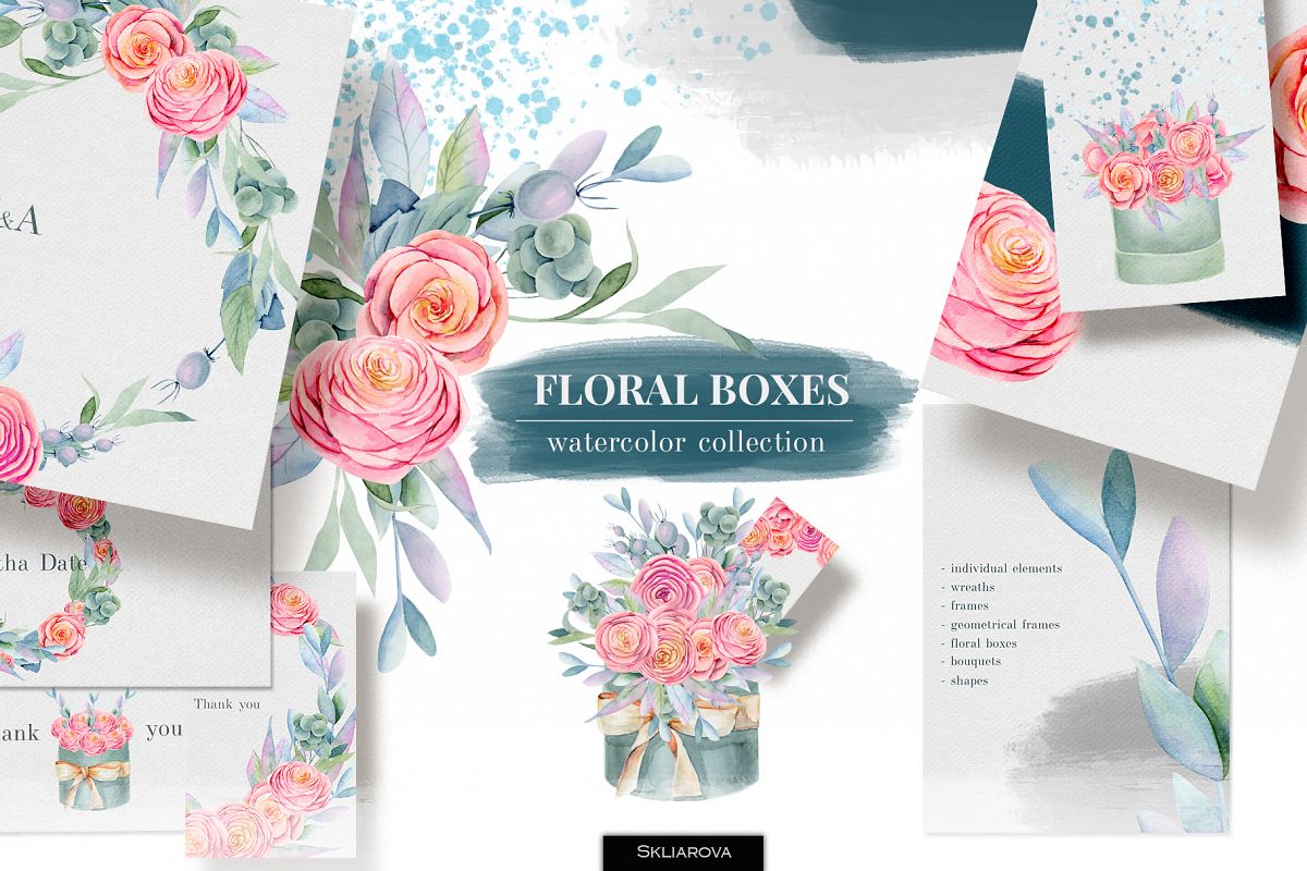 Floral boxes. Watercolor collection. example image 1